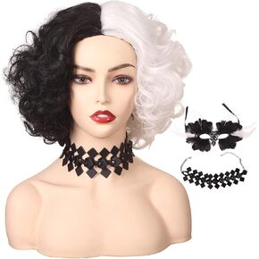 ColorGround Short Half Black Half White Curly Wig for Women (Black White(with necklace and mask))
