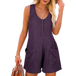 Caramitty Rompers for Women Sleeveless Jumpsuits for Women Button Down Waffle Fabric Summer Vacation Outfits for Women