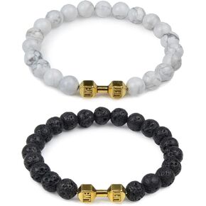 CSIYANJRY99 2Pcs Dumbbell Bracelet for Men Gym Bros Beads Bracelet Black Barbell Bracelet Natural Volcanic Stone Bracelet Set Fitness Jewelry Gift