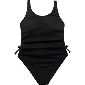 Milumia Girl's One Piece Ribbed Knit Swimsuit Ruched Knot Scoop Neck Bathing Suit
