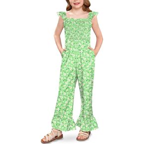 BesserBay Girls Square Neck Sleeveless Romper Smocked Long Pant Jumpsuit with Pockets 6-14 Years