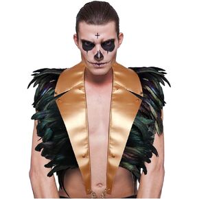 L'VOW Real Black Feather Cape with Metal Chain PU Leather Gothic Shawl Shrug Halloween Costume for Women and Men