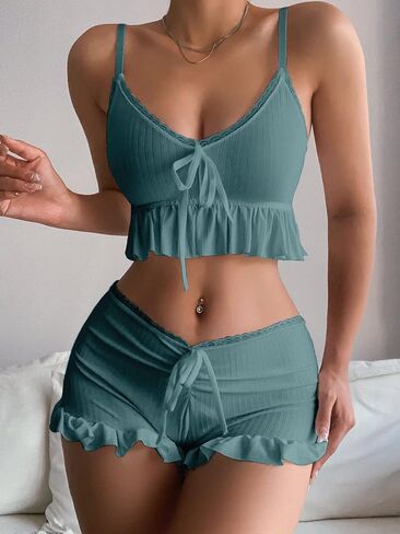 SweatyRocks المرأة 2 قطعة الملابس الداخلية مجموعة بيجامة مجموعات كشكش تقليم التعادل الجبهة كامي الأعلى والسراويل ملابس النوم in Kuwait