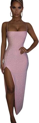 Women's Sexy Glitter Spaghetti Strap Bodycon Lace Up Backless High Split Long Maxi Dress Party Night Club Cocktail Dresses in Kuwait