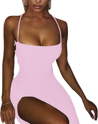 Women's Sexy Glitter Spaghetti Strap Bodycon Lace Up Backless High Split Long Maxi Dress Party Night Club Cocktail Dresses in Kuwait