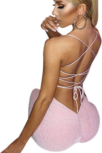 Women's Sexy Glitter Spaghetti Strap Bodycon Lace Up Backless High Split Long Maxi Dress Party Night Club Cocktail Dresses in Kuwait