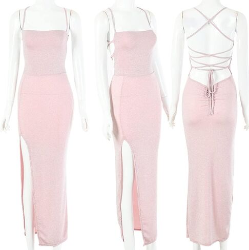 Women's Sexy Glitter Spaghetti Strap Bodycon Lace Up Backless High Split Long Maxi Dress Party Night Club Cocktail Dresses in Kuwait