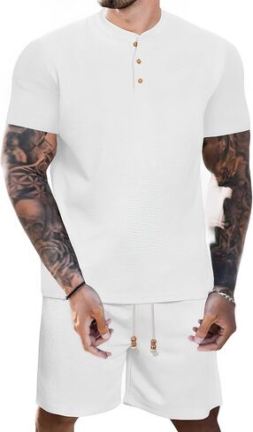 مجموعات قصيرة للرجال من OYOZONE مكونة من قطعتين ملابس رياضية صيفية عصرية غير رسمية بأكمام قصيرة قميص وافل هينلي شورت برباط in Kuwait