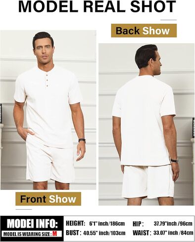 مجموعات قصيرة للرجال من OYOZONE مكونة من قطعتين ملابس رياضية صيفية عصرية غير رسمية بأكمام قصيرة قميص وافل هينلي شورت برباط in Kuwait