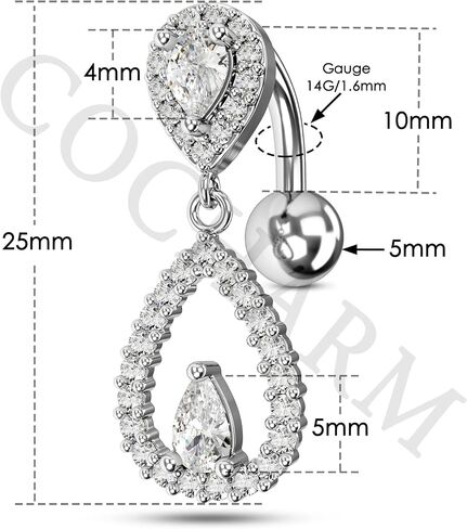 COCHARM Top Down Belly Button Rings 14g Cute CZ Heart Belly Button Rings for Women Dangle Tear Drop Belly Ring Belly Piercing Jewelry in Saudi Arabia