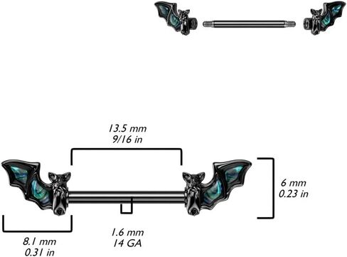 Pierced Owl 14GA Black PVD Plated 316L Stainless Steel Bat with Abalone Wings Nipple Barbells, Sold as a Pair in Saudi Arabia