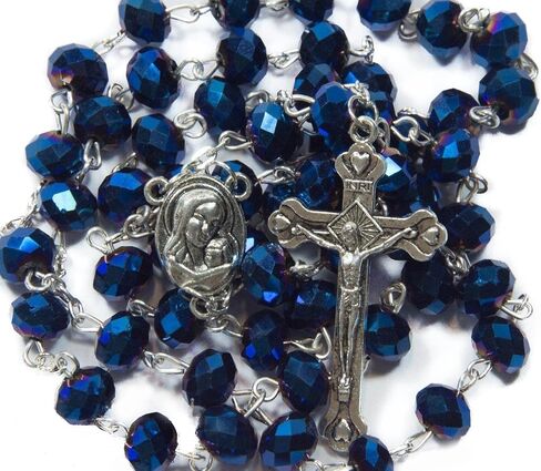 Nazareth Store Deep Blue Crystal Beads Rosary Catholic Necklace Holy Soil Medal Cross Crucifix Velvet Bag in Saudi Arabia