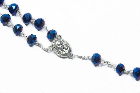 Nazareth Store Deep Blue Crystal Beads Rosary Catholic Necklace Holy Soil Medal Cross Crucifix Velvet Bag in Saudi Arabia