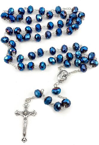 Nazareth Store Deep Blue Crystal Beads Rosary Catholic Necklace Holy Soil Medal Cross Crucifix Velvet Bag in Saudi Arabia