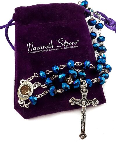 Nazareth Store Deep Blue Crystal Beads Rosary Catholic Necklace Holy Soil Medal Cross Crucifix Velvet Bag in Saudi Arabia
