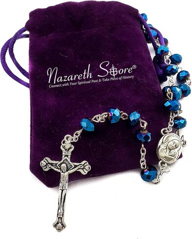 Nazareth Store Deep Blue Crystal Beads Rosary Catholic Necklace Holy Soil Medal Cross Crucifix Velvet Bag in Saudi Arabia
