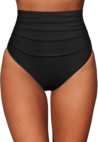 Hilor Women's High Waisted Bikini Bottom Retro High Cut Bathing Suit Bottom Ruched Tummy Control Swim Shorts in Saudi Arabia