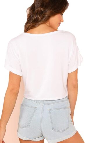 تي شيرت SweatyRocks نسائي كاجوال برقبة دائرية وأكمام قصيرة Soild Basic Crop Top in Kuwait