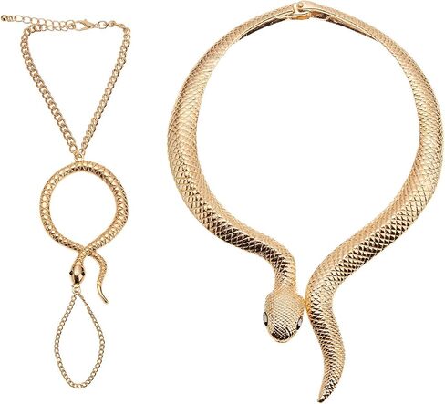 Hicarer Gold Snake Necklace Bracelet Set Adjustable Snake Choker Necklace Hand Chain Bracelet Finger Ring with Black Eyes Vintage Jewelry Set for Girls Women Halloween Costume Accessories in Saudi Arabia