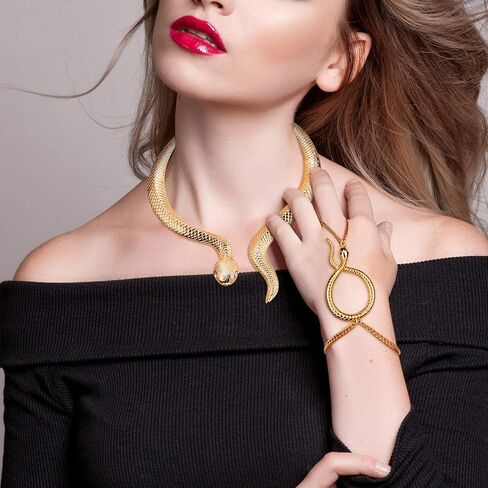 Hicarer Gold Snake Necklace Bracelet Set Adjustable Snake Choker Necklace Hand Chain Bracelet Finger Ring with Black Eyes Vintage Jewelry Set for Girls Women Halloween Costume Accessories in Saudi Arabia