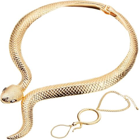 Hicarer Gold Snake Necklace Bracelet Set Adjustable Snake Choker Necklace Hand Chain Bracelet Finger Ring with Black Eyes Vintage Jewelry Set for Girls Women Halloween Costume Accessories in Saudi Arabia