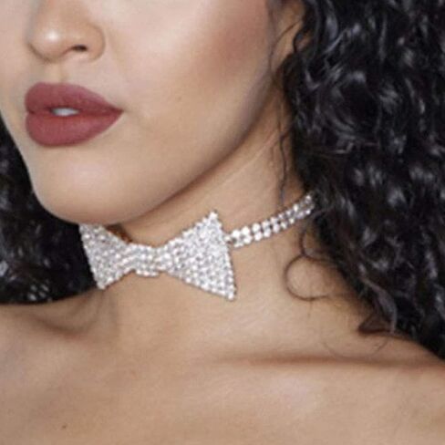 Sethexy سباركلي حجر الراين المختنق بريق ربطة العنق قلادة Bowknot تنس سلسلة حزب ملهى ليلي الزفاف زي مجوهرات للنساء والفتيات in Kuwait