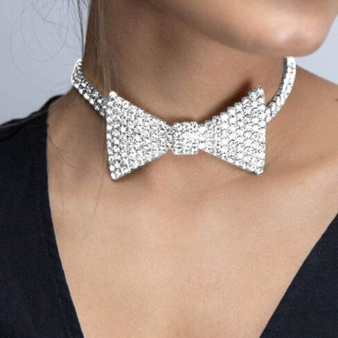 Sethexy سباركلي حجر الراين المختنق بريق ربطة العنق قلادة Bowknot تنس سلسلة حزب ملهى ليلي الزفاف زي مجوهرات للنساء والفتيات in Kuwait