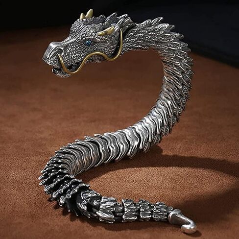 Silver Handmade Dragon Chain Bracelet - Domineering Handmade Retro Silver 3D Dragon Bracelet, Personality Creative Men's Jewelry Gifts（7.87in） in Saudi Arabia