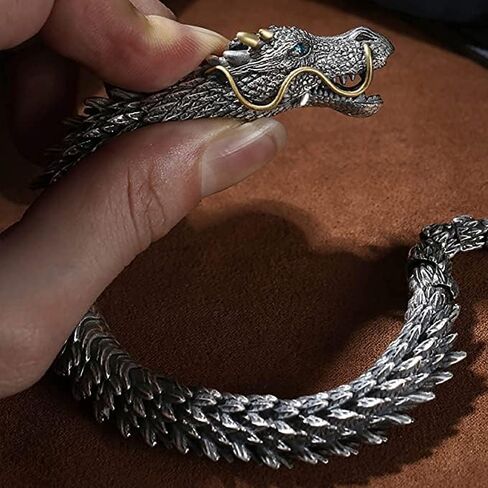 Silver Handmade Dragon Chain Bracelet - Domineering Handmade Retro Silver 3D Dragon Bracelet, Personality Creative Men's Jewelry Gifts（7.87in） in Saudi Arabia
