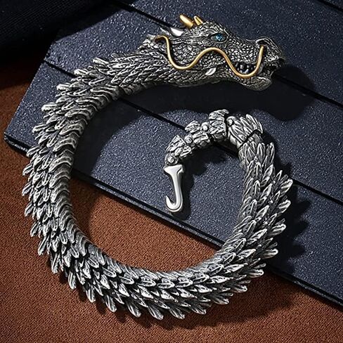 Silver Handmade Dragon Chain Bracelet - Domineering Handmade Retro Silver 3D Dragon Bracelet, Personality Creative Men's Jewelry Gifts（7.87in） in Saudi Arabia