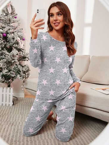 PrinStory Womens Pajama Set Long Sleeve Sleepwear Nightwear Soft Pjs Lounge Sets With Pockets in Kuwait