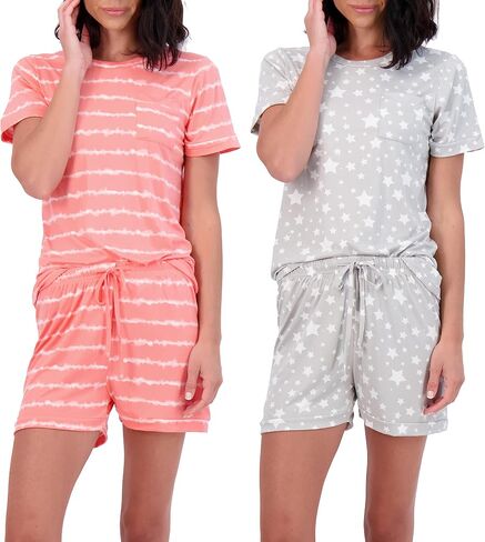 Real Essentials 4 Piece: Women’s Short Sleeve Top with Shorts Pajama Set – Ultra-Soft Lounge & Sleepwear (Available In Plus) in Saudi Arabia