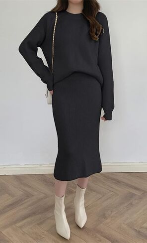 chouyatou Women's Two Piece Sweater Skirt Sets Knit Sweater Top Bodycon Skirt 2 Piece Outfits in Kuwait