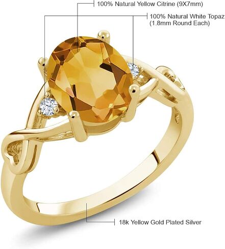 Gem Stone King 18K Yellow Gold Plated Silver Yellow Citrine and White Topaz Engagement Ring For Women (1.55 Cttw Oval 9X7MM, Gemstone Birthstone, Available In Size 5, 6, 7, 8, 9) in Saudi Arabia