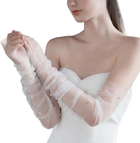 قفازات تول للعرائس من امبري اديل، قفازات بيضاء شفافة لؤلؤية، 20 × 5 انش، ابيض، M, أبيض in Kuwait