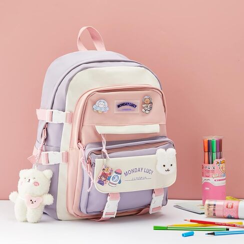 Kawaii Backpack For School Cute Aesthetic Kids Elementary Kindergarten With Kawaii Pin And Accessories Chains Mochilas Escolares Para Niñas Toddler Backpack For Girls, Purple in Kuwait