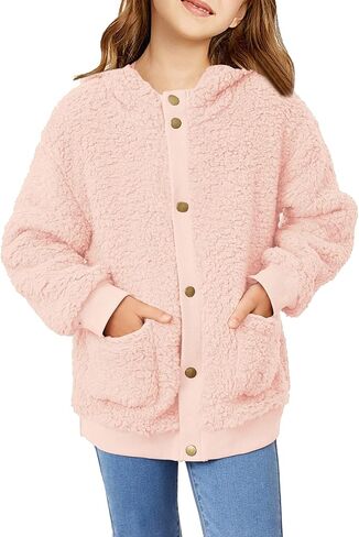 Arshiner Girls Fleece Sherpa Jacket Faux Shearling Fluffy Button Hooded Coat Fuzzy Outerwear Warm Winter Clothes With Pockets in Saudi Arabia