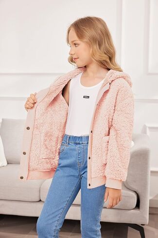 Arshiner Girls Fleece Sherpa Jacket Faux Shearling Fluffy Button Hooded Coat Fuzzy Outerwear Warm Winter Clothes With Pockets in Saudi Arabia