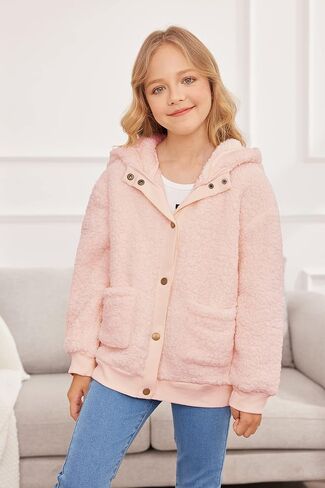 Arshiner Girls Fleece Sherpa Jacket Faux Shearling Fluffy Button Hooded Coat Fuzzy Outerwear Warm Winter Clothes With Pockets in Saudi Arabia