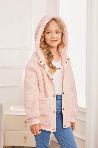 Arshiner Girls Fleece Sherpa Jacket Faux Shearling Fluffy Button Hooded Coat Fuzzy Outerwear Warm Winter Clothes With Pockets in Saudi Arabia