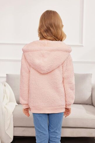 Arshiner Girls Fleece Sherpa Jacket Faux Shearling Fluffy Button Hooded Coat Fuzzy Outerwear Warm Winter Clothes With Pockets in Saudi Arabia