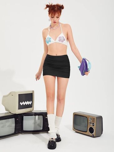 WDIRARA Women's Ruched Mesh Streetwear Bodycon Mini Skirt Stretch Sexy Skirts in Kuwait