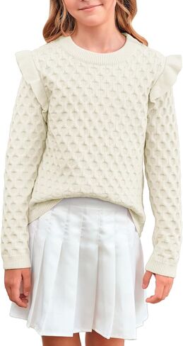 سترات للفتيات منسوجة بكشكشة للأطفال، بلوفر بياقة دائرية، بلوفر علوي للأطفال من عمر 5 إلى 14 عامًا in Kuwait