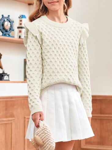 سترات للفتيات منسوجة بكشكشة للأطفال، بلوفر بياقة دائرية، بلوفر علوي للأطفال من عمر 5 إلى 14 عامًا in Kuwait