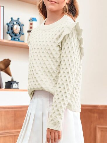 سترات للفتيات منسوجة بكشكشة للأطفال، بلوفر بياقة دائرية، بلوفر علوي للأطفال من عمر 5 إلى 14 عامًا in Kuwait