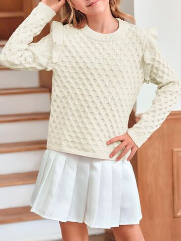 سترات للفتيات منسوجة بكشكشة للأطفال، بلوفر بياقة دائرية، بلوفر علوي للأطفال من عمر 5 إلى 14 عامًا in Kuwait