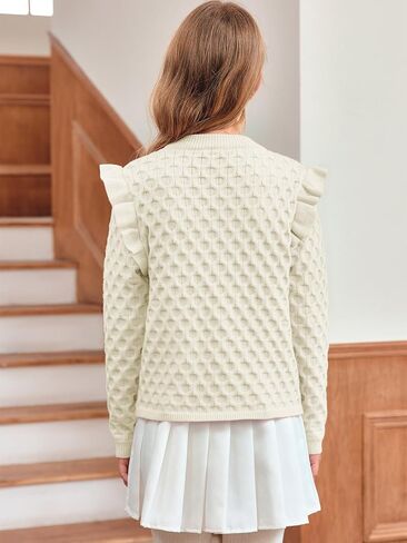 سترات للفتيات منسوجة بكشكشة للأطفال، بلوفر بياقة دائرية، بلوفر علوي للأطفال من عمر 5 إلى 14 عامًا in Kuwait