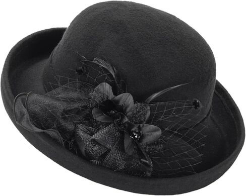قبعات فيدورا بولر ديربي الكلاسيكية للسيدات - قبعة كنيسة كلاسيكية ذات حافة ملفوفة للجنسين لحفلات الزفاف in Kuwait