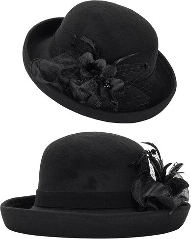 قبعات فيدورا بولر ديربي الكلاسيكية للسيدات - قبعة كنيسة كلاسيكية ذات حافة ملفوفة للجنسين لحفلات الزفاف in Kuwait