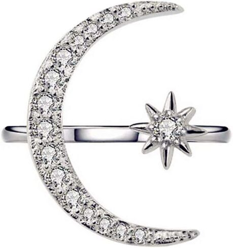 خاتم AAA مكعب زركونيا كبير القمر ونجوم الشمس 925 الاسترليني مطلي الفضة الهلال القمر قابل للتعديل الفرقة الدائري in Kuwait
